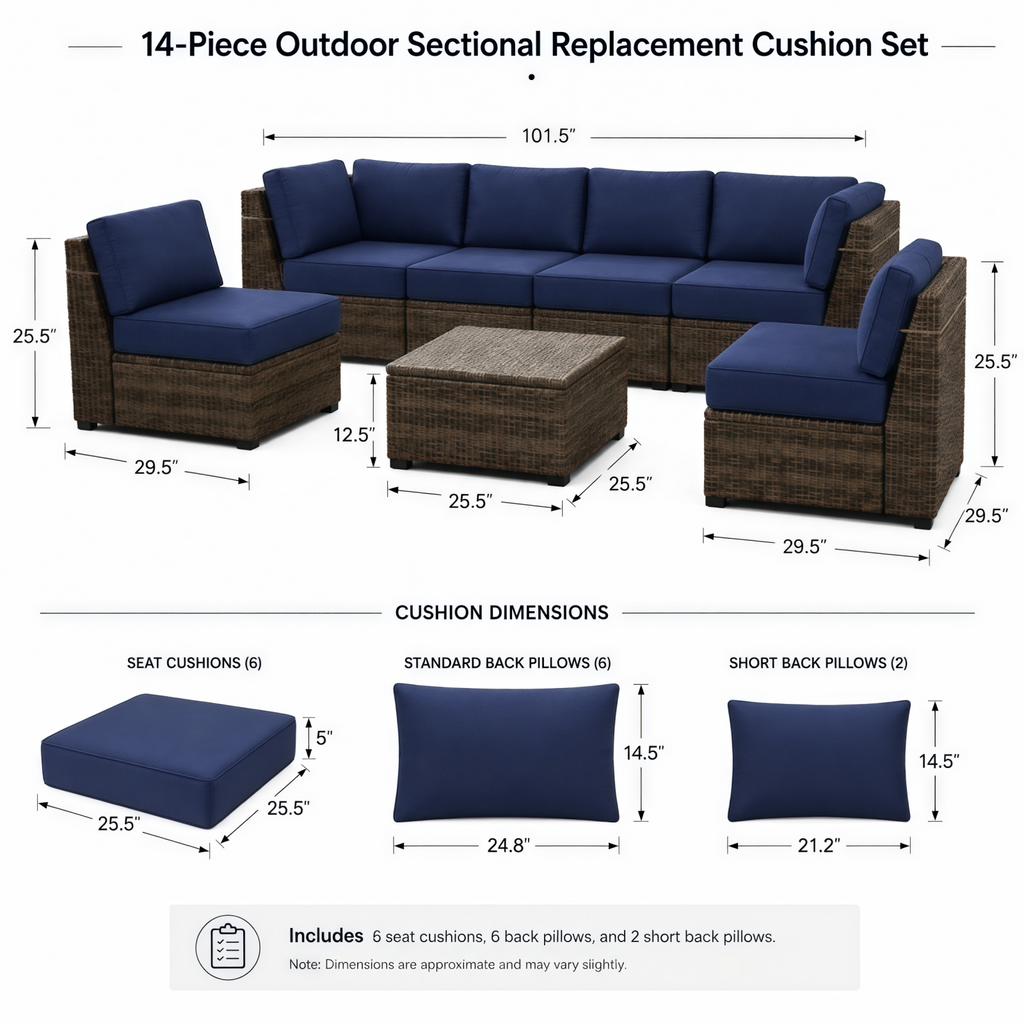 14 piece patio  cushion set size