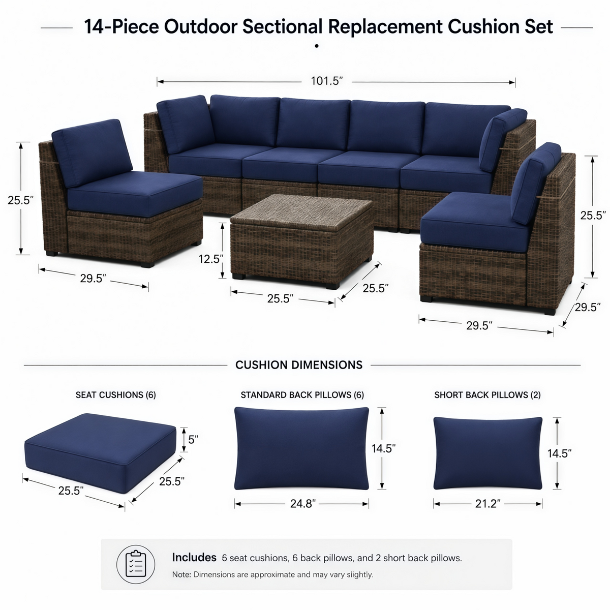 14 piece patio  cushion set size