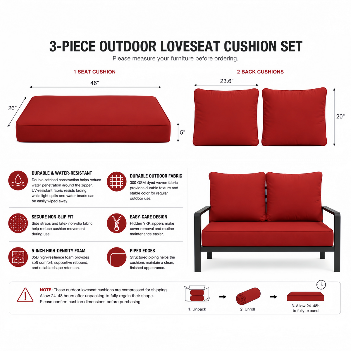 3-PIECE OUTDOOR LOVESEAT CUSHION SET