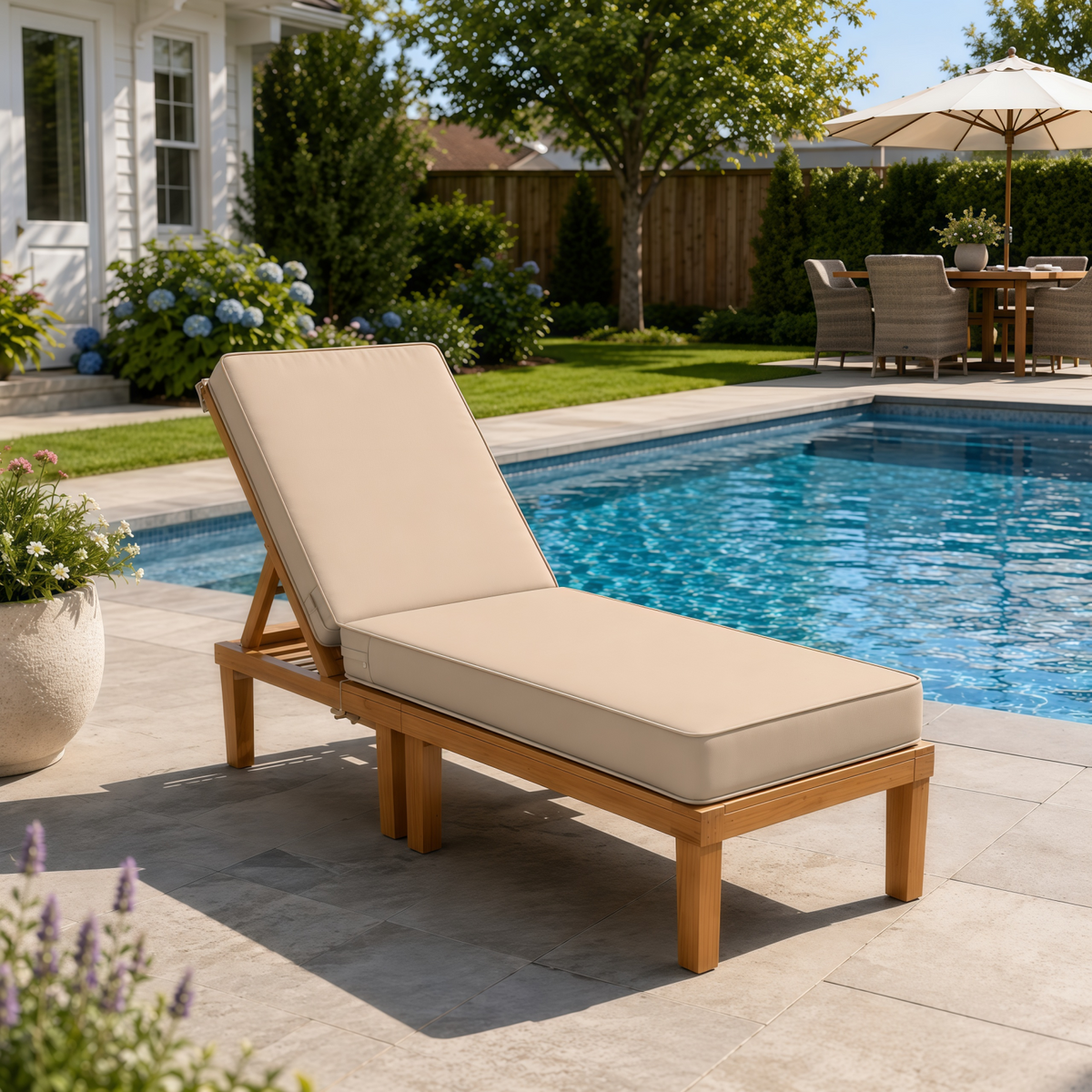 Beige outdoor lounge chair cushion on a wooden chaise longue by a sunny backyard swimming pool.