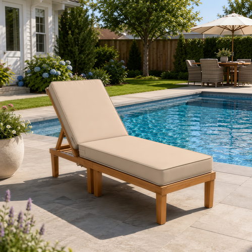 Beige outdoor lounge chair cushion on a wooden chaise longue by a sunny backyard swimming pool.