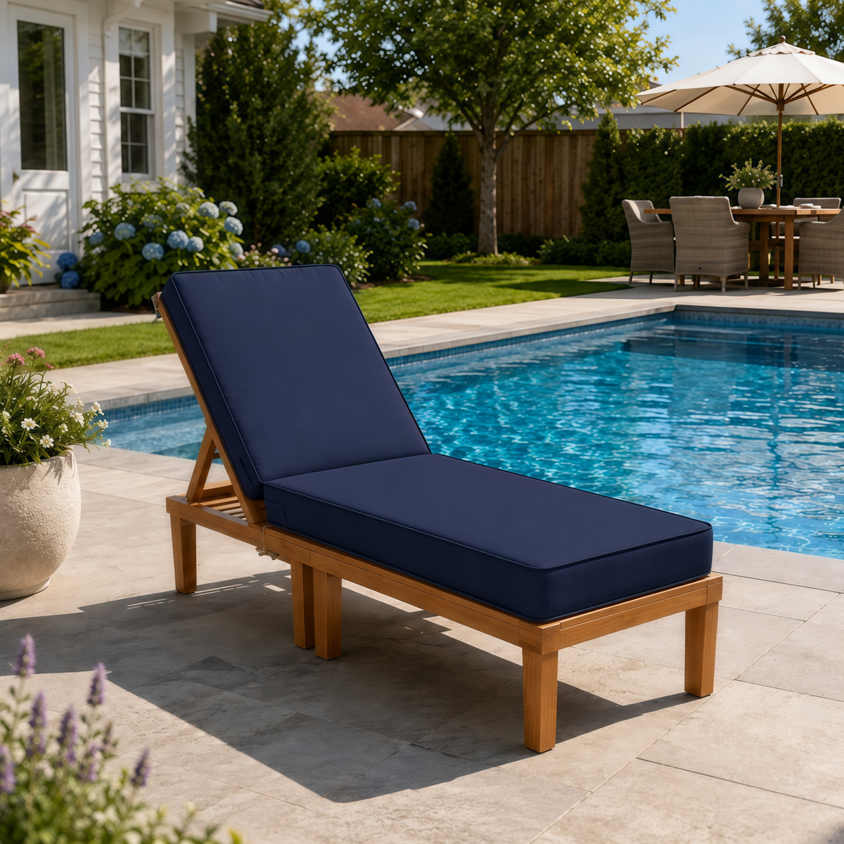 Navy blue outdoor lounge chair cushion on a wooden chaise by a sunny backyard swimming pool.