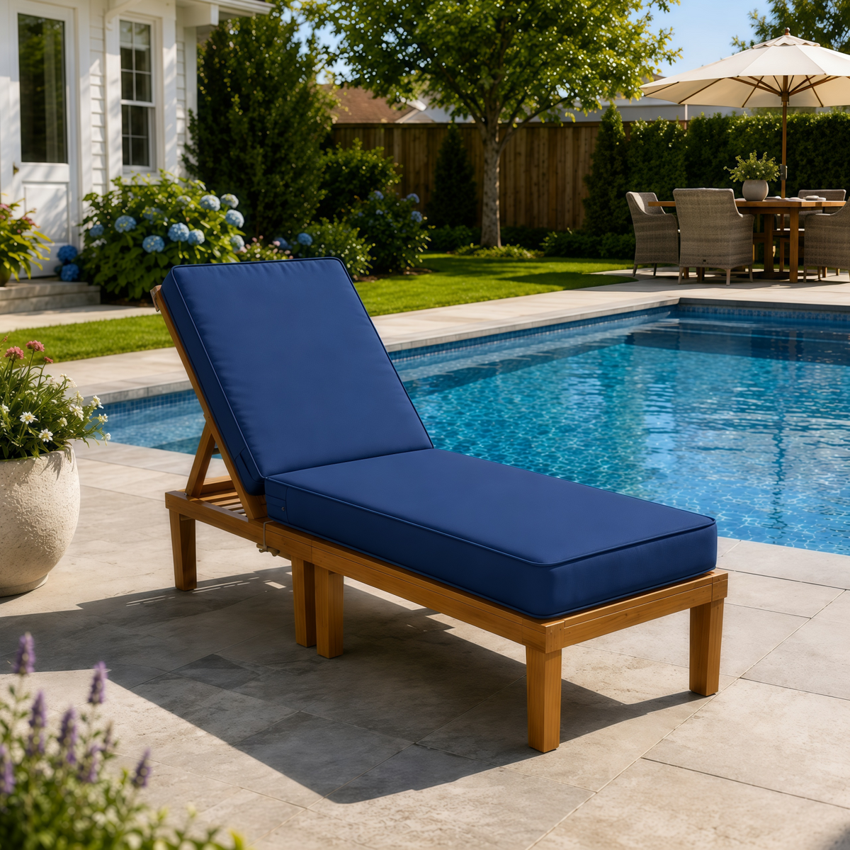 Plush navy blue outdoor lounge chair cushion on a wooden chaise by a backyard swimming pool.