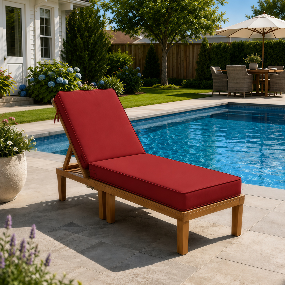 Plush red outdoor lounge chair cushion on a wooden frame beside a sunny backyard swimming pool.