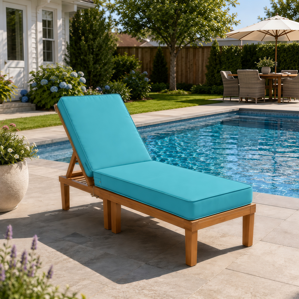 Bright turquoise outdoor lounge chair cushion on a wooden chaise by a swimming pool.