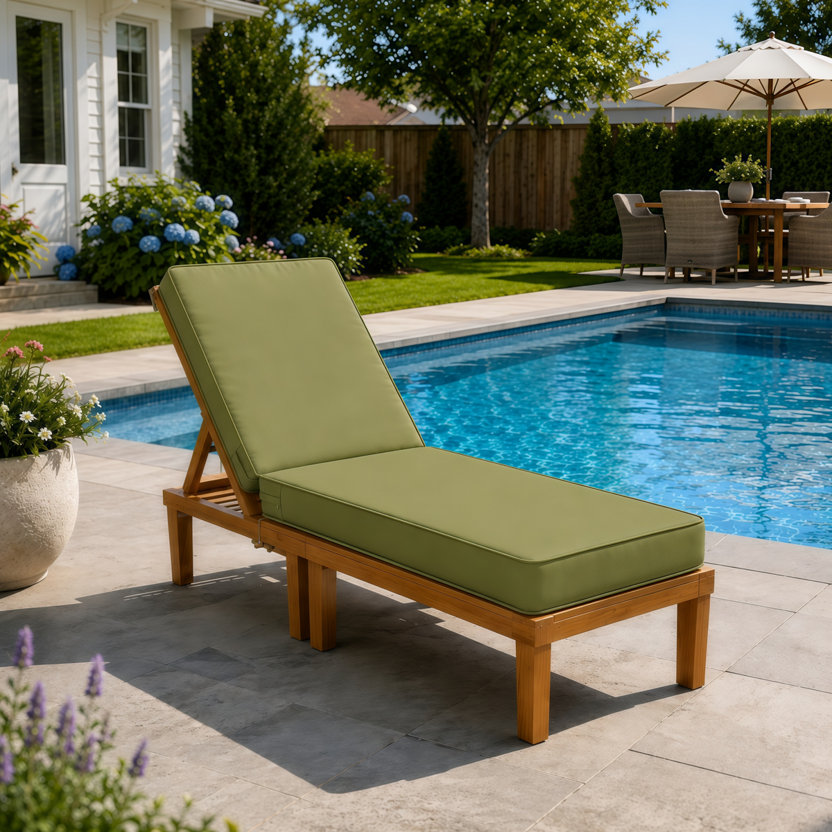 Olive green outdoor lounge chair cushion on a wooden frame by a backyard swimming pool.