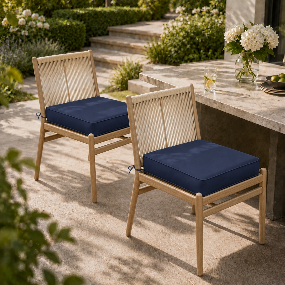 Plush navy blue square seat cushions on modern light wood outdoor chairs with rope-back detailing on a stone patio.