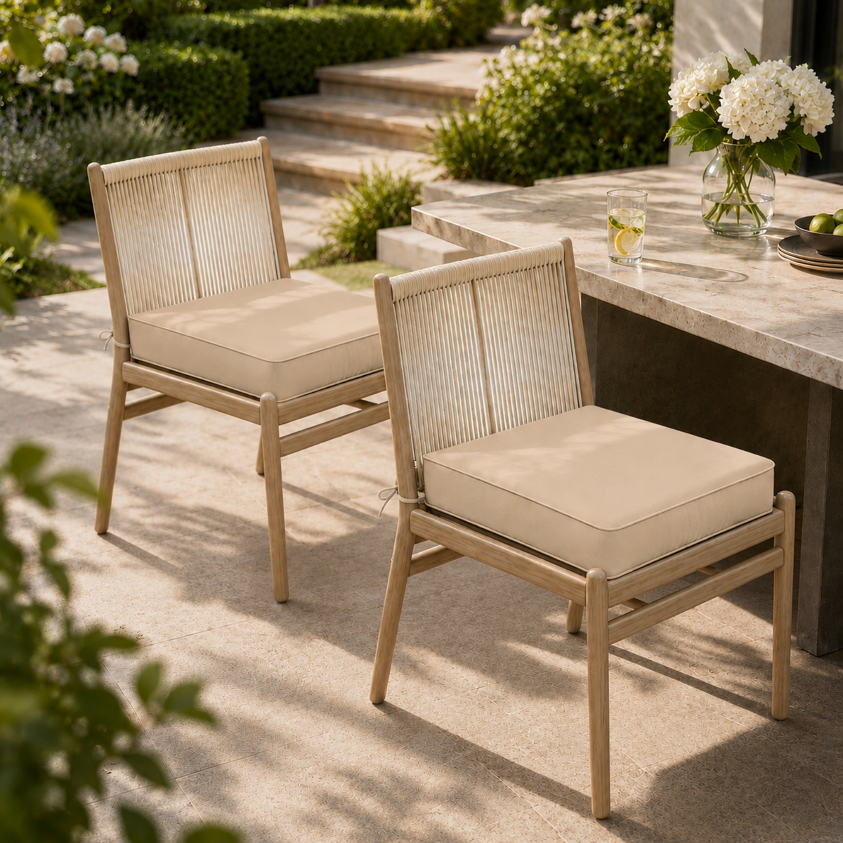 Beige square outdoor chair cushions on modern wooden chairs with rope-woven backs on a stone patio.