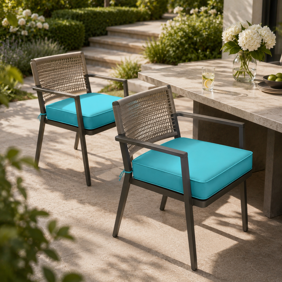 Two outdoor chairs with dark metal frames, woven backs, and bright turquoise seat cushions on a stone patio.