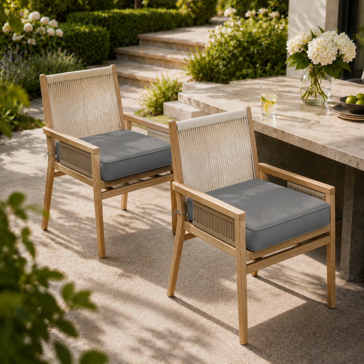 Two outdoor chairs with light wood frames, woven rope backs, and plush grey seat cushions on a stone patio.