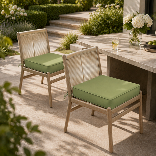 Sage green square outdoor seat cushion with ties on a modern rope-back patio chair.