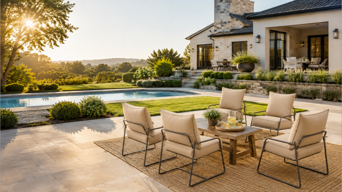 Beige outdoor patio cushions on lounge chairs in a landscaped backyard beside a swimming pool