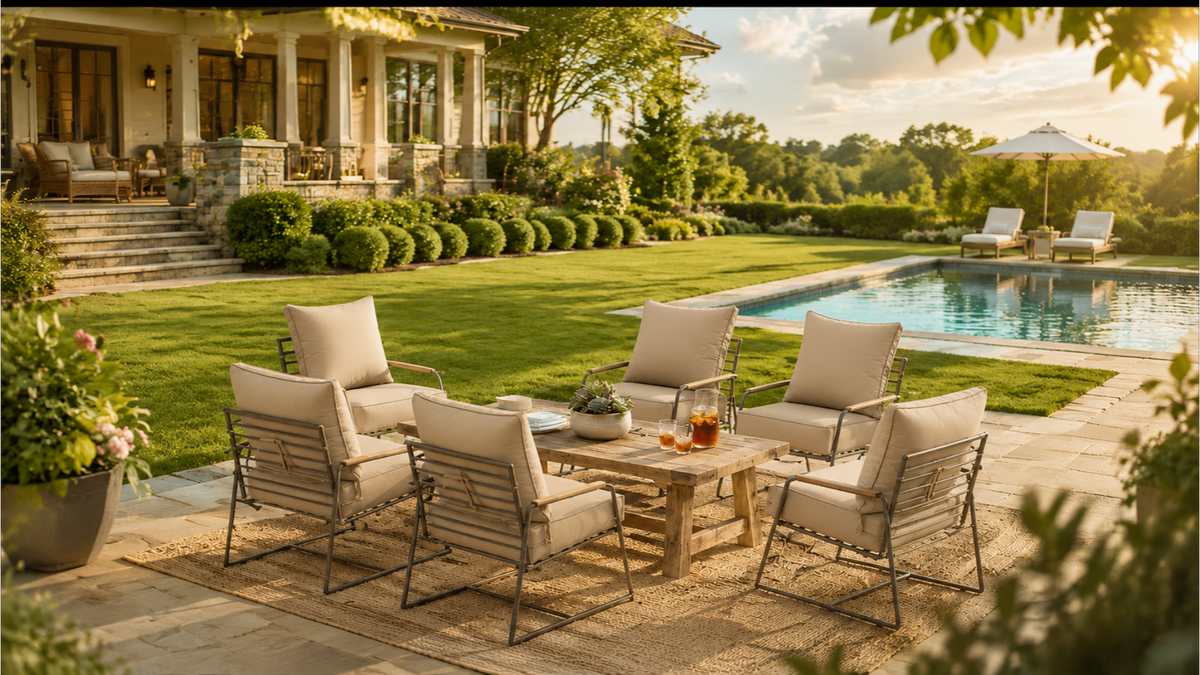 Beige outdoor patio cushions on lounge chairs beside a backyard swimming pool